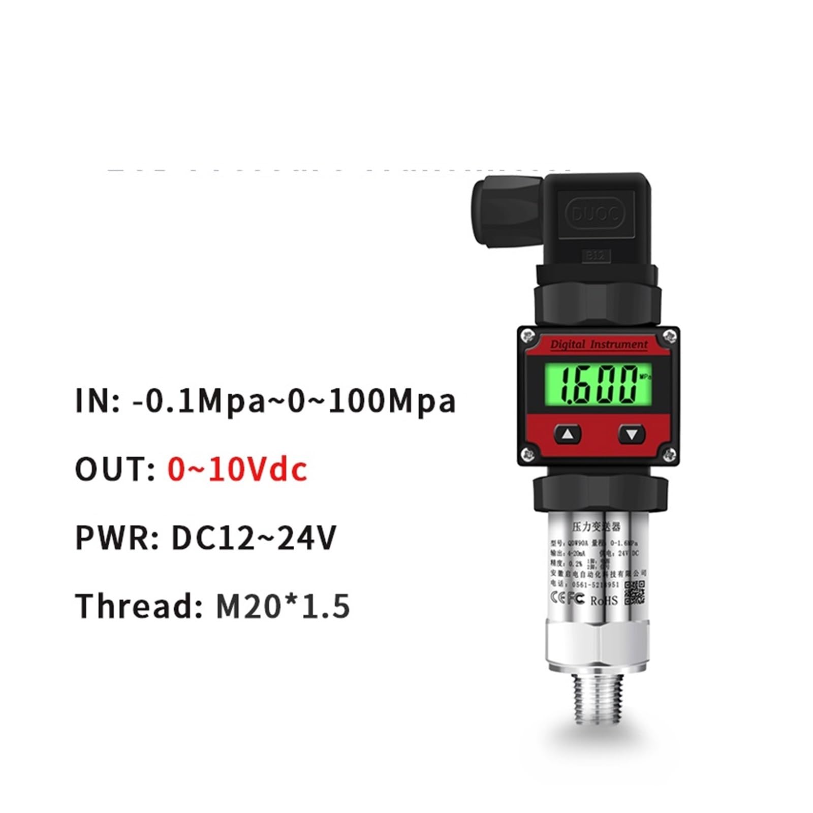 Transmisor de presión Digital 4-20 mA 0-10 V M20*1.5 Sensor transductor de presión 0-60 MPa Transmisor transductor de presión RS485(0-5v Output,0-1.6Mpa)