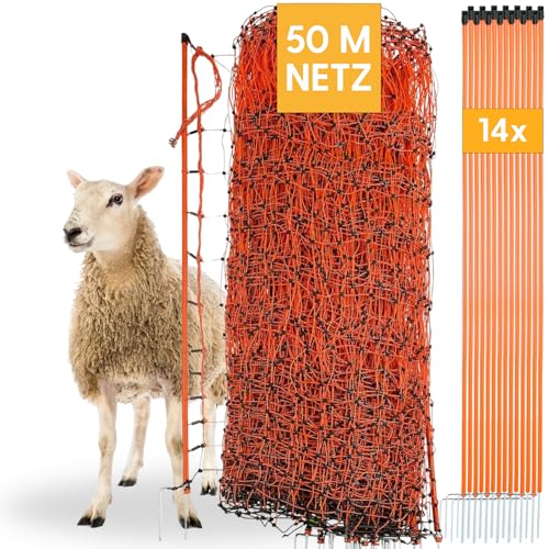 Agrarzone® Schafnetz Schafzaun mit Strom [Orange- 50mx108cm] - Weidezaun Elektro Netz - Mit Doppelspitze & Pfähle - Schutzzaun für Schaf Ziege Lämmer - Elektro Zaun Geflügelzaun Ziegenzaun Schafzäune