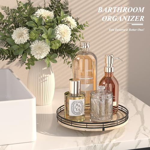Image of Italian Natural Travertine Lazy Susan Turntable for Table Top - 10 inch Round Marble Tray Organizer for Bathroom, Vanity, Dining Table, Kitchen Countertop & Bar, Luxury Stone Serving Tray with Black Frame