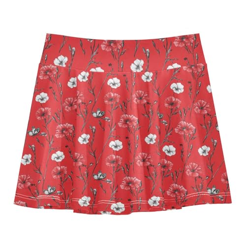 Floral in Red Girls Athletic Skirts with Built-in Shorts Flowy Pleated Skirts for Kids with Pockets Skort for Little Girl
