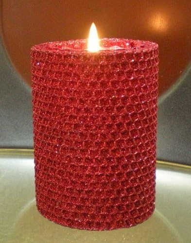 50 Hour-4 Inch Natural Beeswax Hybrid Pillar Glitter Candle, Ruby Red Color