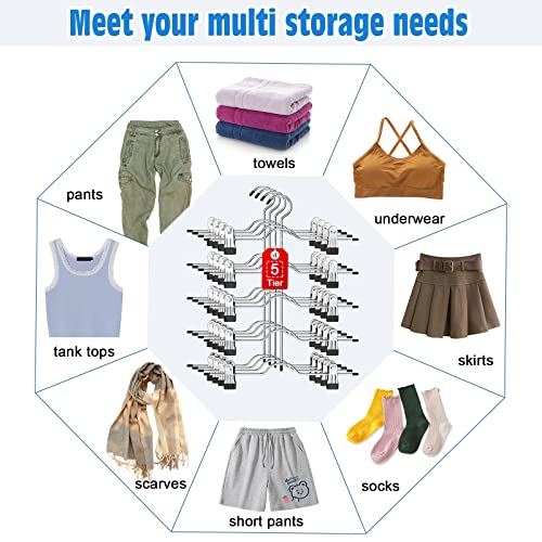 Upgrade 5 Tier Skirt Hangers For Women, 4 Pack Pants Hangers Space Saving With Adjustable Non Slip Clips Closet Organizers And Storage Grip Shorts Hangers For Skirts, Trousers, Shorts, Jeans, Black #TOP4