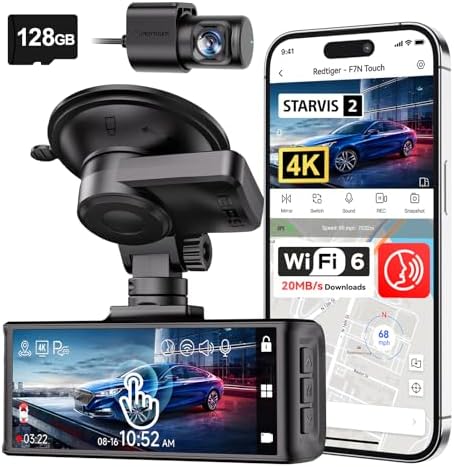REDTIGER Dashcam Coche 4K STARVIS 2,Cámara Coche con Pantalla Táctil 3.18'',Tarjeta Memoria128 GB,GPS,5.8G WiFi,Control Voz,Visión Nocturna UHD,Loqu...