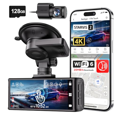 REDTIGER 4K STARVIS 2 Dash Cam Front and Rear, 5GHz WiFi 20MB/s Download, 128GB Card Included, Voice Control, Dash Camera for Cars with 3.18
