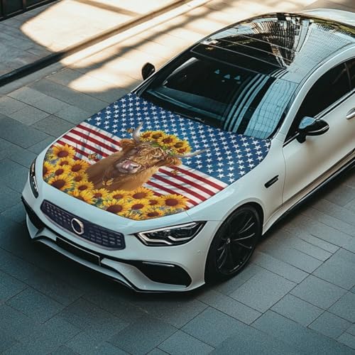 Image of American Flag Car Hood Cover Weatherproof Automotive Exterior Accessories Universal Fit Hood Covers for Cars, Trucks, SUV, or Van Full Coverage with Elastic Band