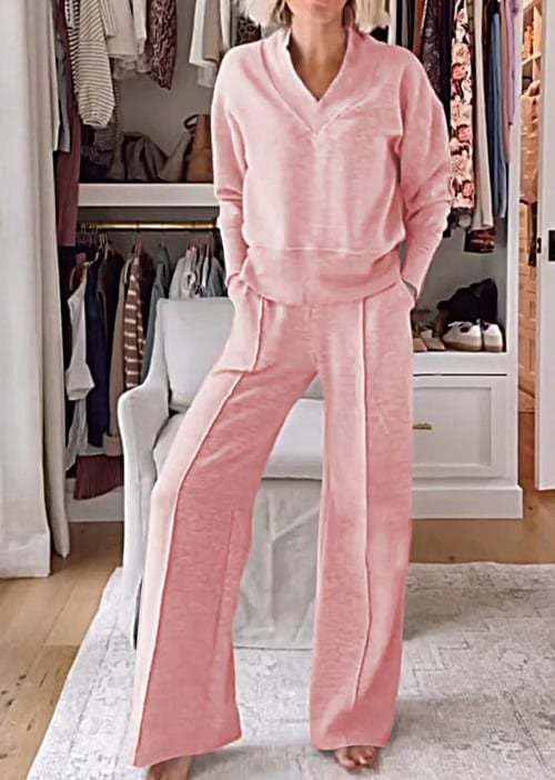 Women's Solid Color V-Neck Top & Pants Two-Piece Set, Sweatshirt Sets for Women, Women's Wide Leg Lounge Pants Set3