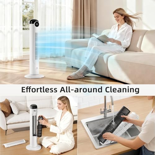 Image of Antarctic Star Tower Fan, 35 Inch DC Motor Bladeless Oscillating Fan with Remote, 6 Speeds & 4 Modes, LED Display, 9H Timer, Quiet Floor Standing Fan for Bedroom Living Room Office, White