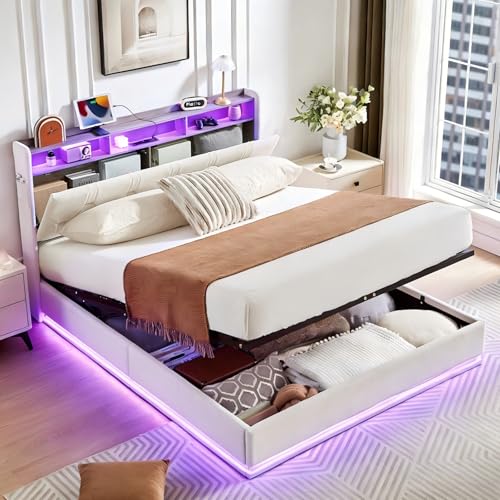 Artswish Lit Coffre 140x200cm LED, Lit Hydraulique Double avec Rangement Dissimulé, Tête de Lit Rembourrée avec Étagères, Ports USB/Type-C, Cadre en Bois...