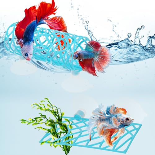 Image of 2Pcs Betta Fish Tank Accessories, Betta Tunnel & Hammock Aquarium Hideout, Bettas Fish Toys with Suction Cups Perfect for Hideout and Play Area, 3.9x2 Inch Platform, 3.9x1.6 Inch Tunnel(Blue)