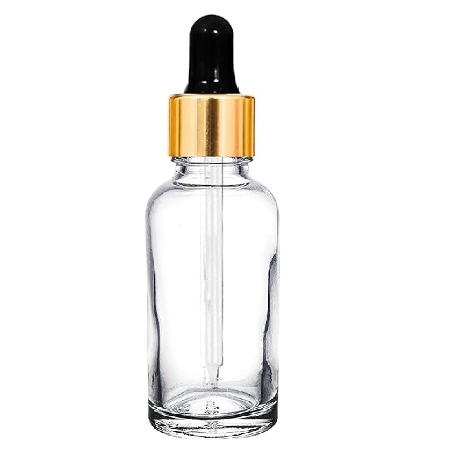 50 ML Clear/Transparent Round Empty Glass Bottle + Dropper + Gold Ring + Silcon Black Teat (Pack of 1) Refillable, Leak Proof For Essential Oils, Perfumes-image-12