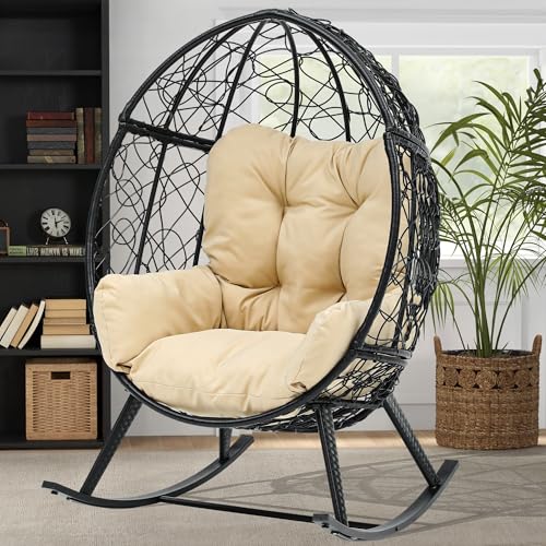 DWVO Wicker Rocking Egg Chair, Oversized Indoor Outdoor Rattan Rocking Chair, Indoor Outdoor Lounger for Patio, Backyard, Living Room, Black & Beige