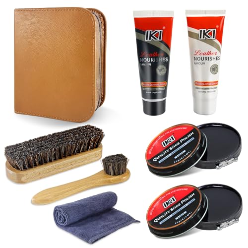 IKI Premium Lederschuhpflegeset - Farbloses & Schwarzes Schuhcreme Lanolin, 2 Rosshaarbürsten, Flanell- & Hochfasertücher - Komplette Schuhpolierlösung (1.6, Pfund)…