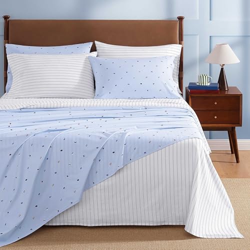 Image of Tommy Hilfiger - Full Size Sheet Set, Crisp & Tailored Cooling Sheets with a Smooth Cotton Percale Lightweight Feel - Bed Sheets with Matching Pillowcases & Fitted Sheet (Joshua Tree Stripe Blue)
