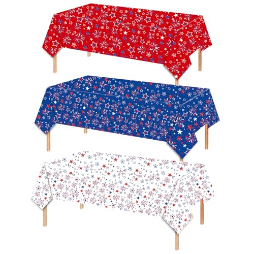 Image of 3 Pcs Patriotic Tablecloth Plastic,54 inchx108 inch Patriotic American Flag Plastic Tablecloth Fourth of July Accessories for Fourth of July Decorations Memorial Day Party Supplies(Red White Blue)