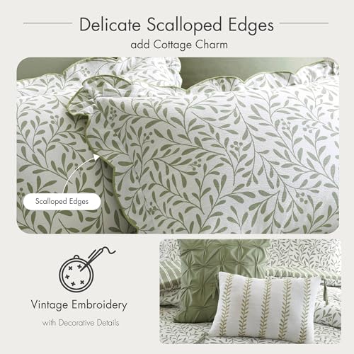 Image of Madison Park Reversible Botanical Comforter Set, 5PC Queen Bedding Set | Summer Floral Print Bed Set with Scalloped Edges, Lightweight Bedding with Decorative Pillows, Sage Green