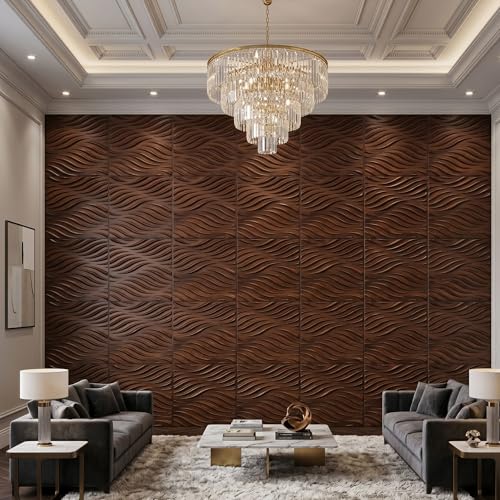 Image of Kayra Decor 3D Wall Panels Wave Design - Blackwood Color | 19.7 inch x 19.7 inch (Pack of 12) - Covers 32.28 Sq. Ft | Premium Home & Office Wall Decoration