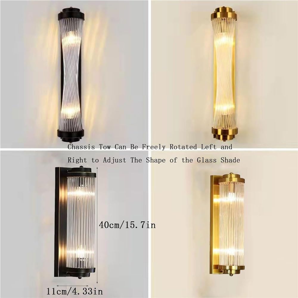 Creative Rotatable Deformation Wall Lamp Clear Ribbed Glass Tube Wall Sconces Vintage Wall Mounted Lighting Fixture for Bathroom Vanity Living Room Bedroom,Black-40cm