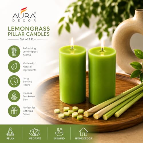 Image of AuraDecor Lemongrass Scented Pillar Candles Set of 2 | Smokeless & Long Burning Decorative Candles for Home Decor, Bedroom, Living Room, Spa, Meditation, Relaxation & Gifting