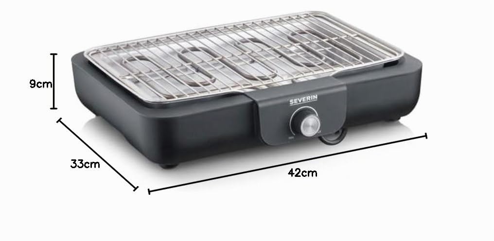 Severin barbacoa de mesa con parrilla de acero inoxidable, para interior y exterior, 2.300 W, superficie de la parrilla de 37 x 29 cm, regulación de temperatura por termostato, negro PG 8554