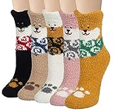 Fuzzy Socks for Women 5 Pairs Winter Warm Fluffy Slipper Socks Soft Cute Cat Animal Socks, C-Grey &...