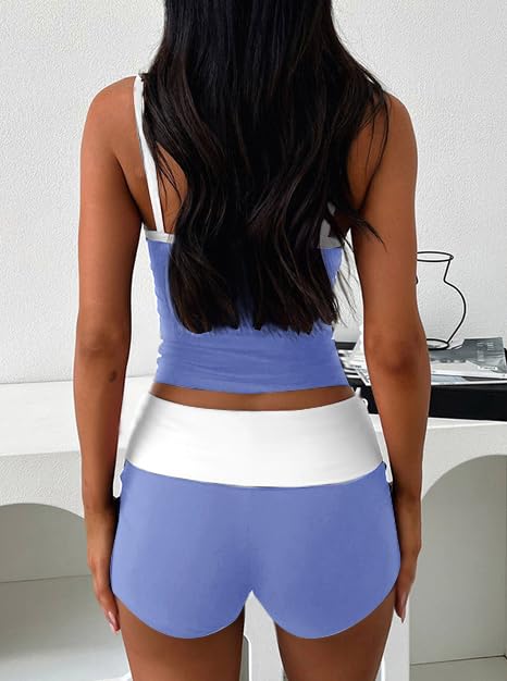 Image of Hilinker Womens Sexy 2 Piece Pajama Set Color Block Crop Cami and Shorts Summer Cute Pjs Blue White Medium