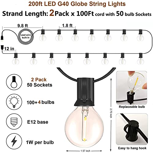 Skeerei Outdoor String Lights Waterproof Patio Lights 200Ft With 100+4 Shatterproof G40 Led Edison Lights,Outdoor Hanging Lights For Party Backyard Gazebo Pegola Cafe, 2Pack X 100Ft #TOP3
