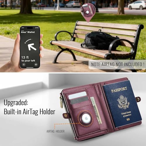 Image of Passport Wallet with AirTag Holder, RFID Blocking Passport Holder for Travel Family, PU Leather Document Organizer with 11 Card Slots & Wrist Strap, Wine