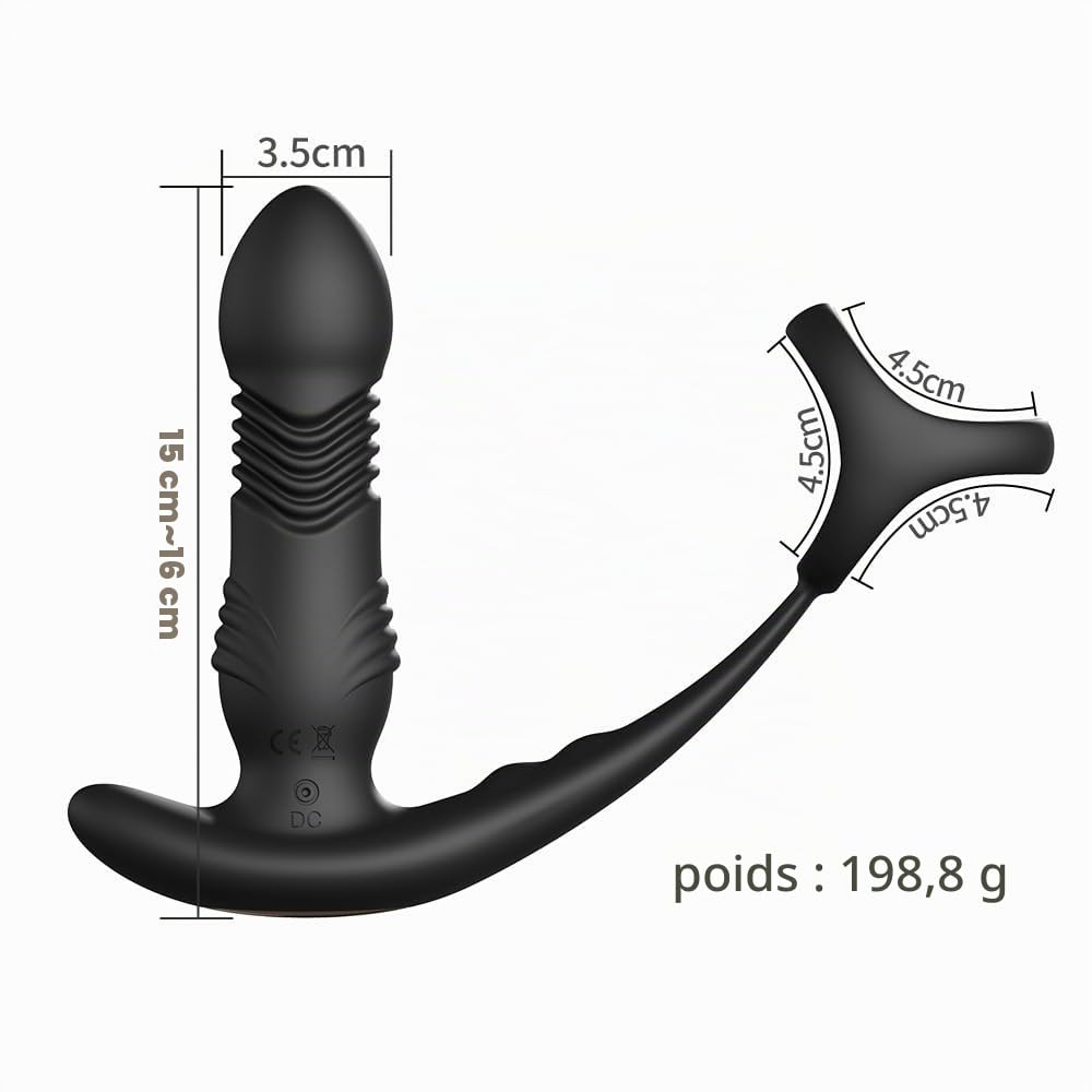 Masseur de Prostate Vibrant 3-en-1 avec Anneau Pénien - 10 Modes de Vibration & Poussée Télescopique - Plug Anal avec Télécommande - Silicone Médical & Étanche IPX7 - Noir