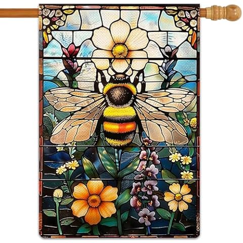 Gormcore Charming Stained Glass Bee Spring Summer Garden Flag Vertical Double Sided Spring Summer Garden Flag Seasonal Rustic Yard Lawn Outdoor Decor 28x40 Inches Cover