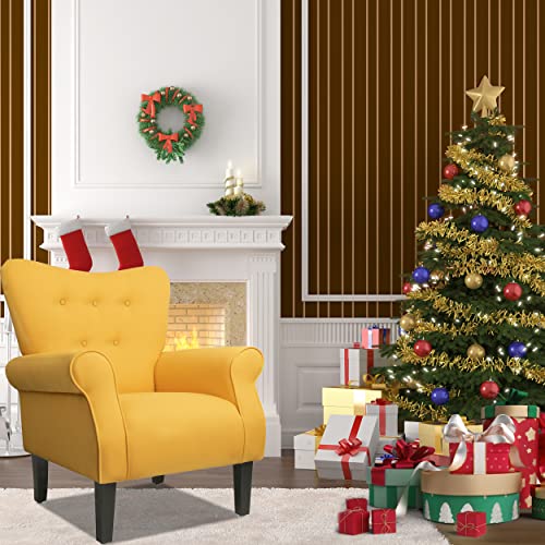 Modern Fabric Accent Chair, Mid-Century Style High Backrest Lounge Chairs, Arm Chairs For Living Room, Single Sofa For Home, Office, Club, Reading And Rest (Yellow) #TOP2