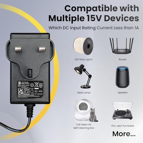 UKCA 15V 1A 15W 1.8M Power Supply Adapter with 8 Tips, 1000mA 0.5A AC DC Switching Transformer 5.5x2.1mm Plug for Litter Robot, Cat Litter Box, Receiver, Amplifier, Router, Car Jump Starter - Image 5