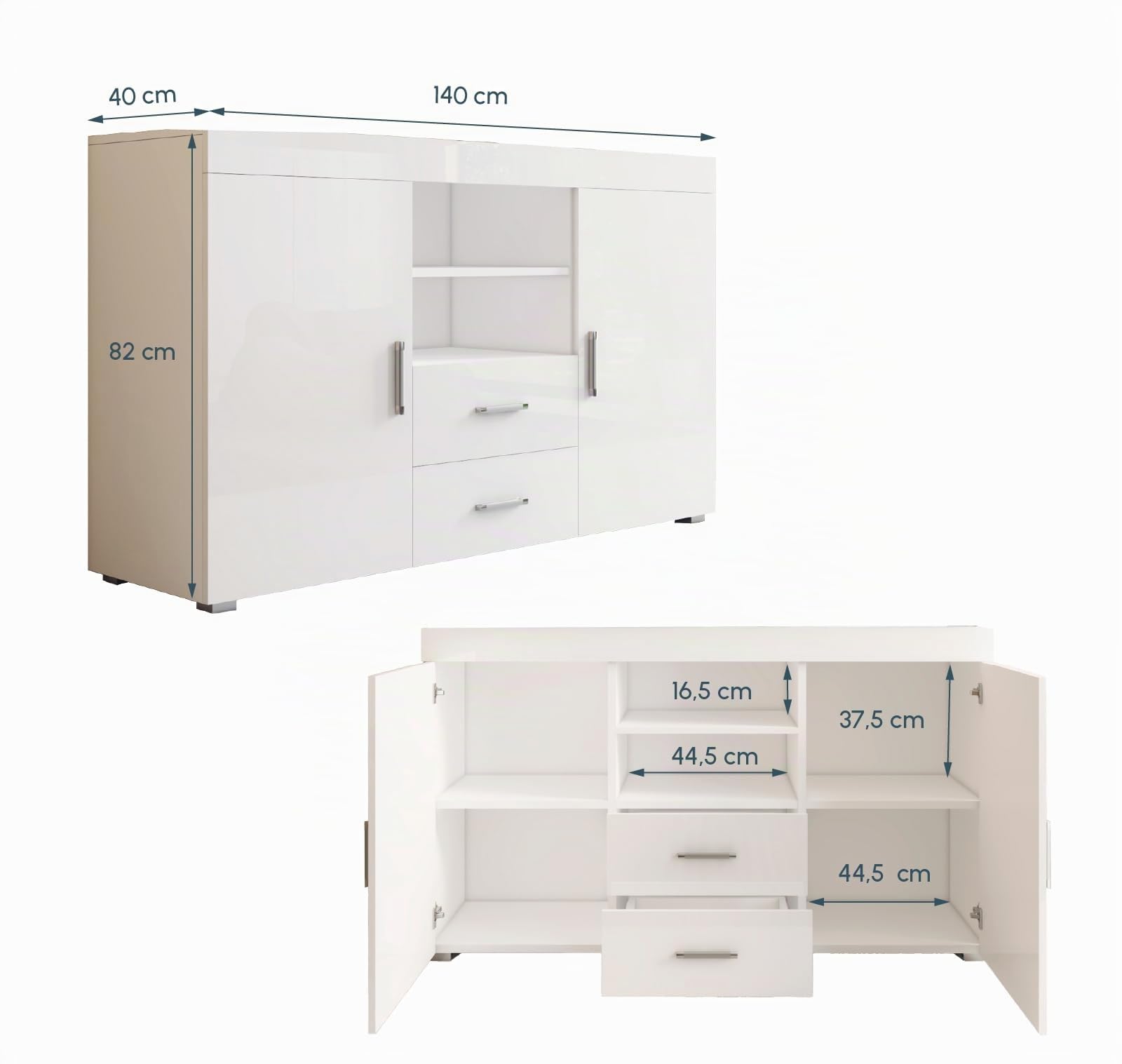MB Muebles Bonitos, Credenza Stile Moderno Roque, Melamina Lucida, Bianco, 140x80x40cm