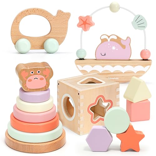 Image of Pillowhale Montessori Wooden Toys Set for Toddlers 12M+ – 4-in-1 Educational Toy with Stacking Rings, Shape Sorter, Bead Maze & Push Car
