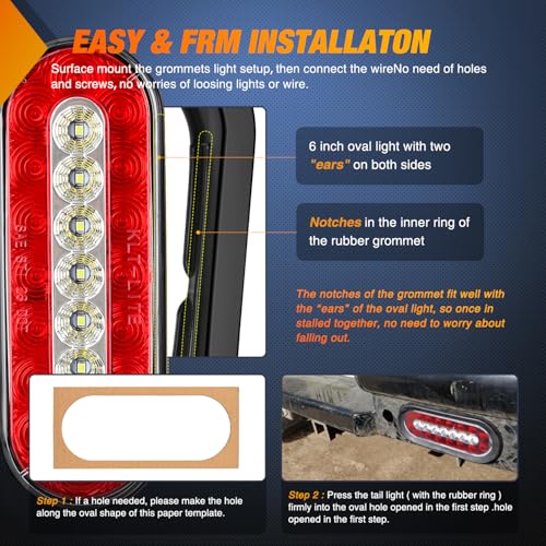 Image of Nilight 2PCS 6Inch Oval LED Trailer Tail Lights Red White 23LEDs w /Flush Surface Mount Grommets IP67 Waterproof Stop Brake Running Reverse Backup Light for Trucks RV