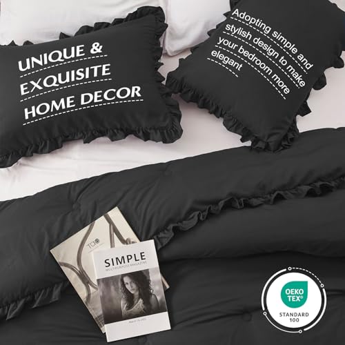 Image of HARBOREST Full Comforter Set Black - Ruffle Bedding for All Seasons, 3 Pieces Shabby Chic Set (1 Comforter & 2 Pillow Shams)