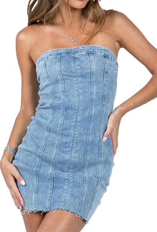 DKYM Denim Mini Dress Jean Dresses for Women 2024 Casual Summer Strapless Dress Sexy Tube Denim Dress for Women (1-S)