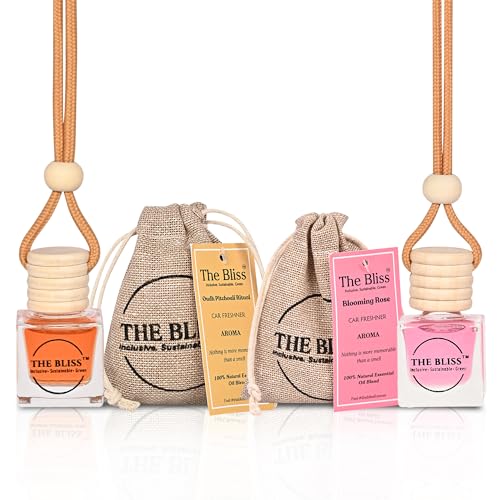 Image of The Bliss Car Perfume, Air Freshener with Essential Oils Long lasting Fragrance in Glass bottle with Wooden Diffuser Lid (Pack of 2, Oudh Patchouli Ritual & Blooming Rose,10 ml*2)