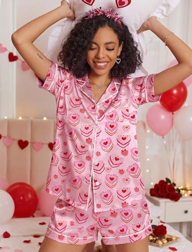 Image of Ekouaer Womens Satin Silk Pajamas Set Short Sleeve Sleepwear Button Down Top and Shorts Loungewear 2 Piece Pjs Set S-XXL Heart-Shaped Cake Medium