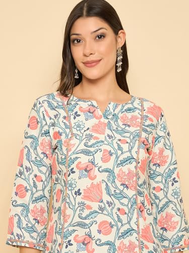 Image of SheWill Women Cotton Blend Floral Printed Straight Kurta with Mandarin Collar, Button Detailing, and 3 /4th Sleeves Paired with Matching Printed Pants