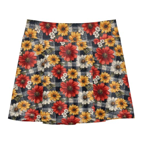 Floral with Plaid Flowy Girls Tennis Skirt with Built-in Shorts Pleated Skirts for Kids Little Girl SkirtsWith Pockets
