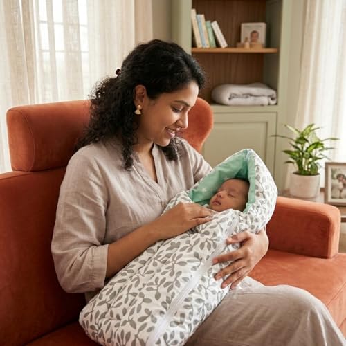 Image of 3-in-1 Baby Bed & Sleeping Bag for Newborn | Portable Cotton Baby Bedding Set | Unisex Carry Nest & Baby Holder for New Born | Soft & Lightweight Infant Sleep Bag (Grey Leaves)