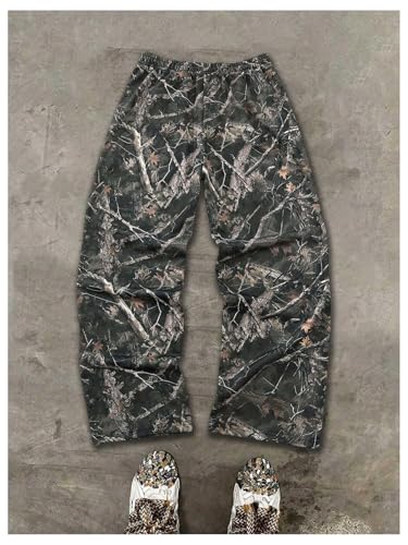 Men's Camo Wide Leg Baggy Pants Drawstring Waist Outdoor Hunting Long Trousers Streetwear2