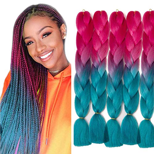 VERVES Braiding Hair 5 piece/lot 24 inch Braids 100g/piece Synthetic ombre Fiber Hair Extensions crochet braids … (peach pink + turquoise)