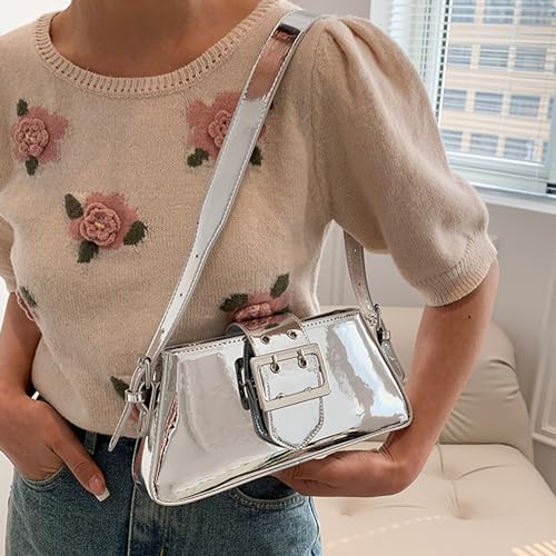 BOLLEY JOSS Small Shoulder Underarm Bag Y2K Shiny Metallic Silver Purse Cute Party Bag2