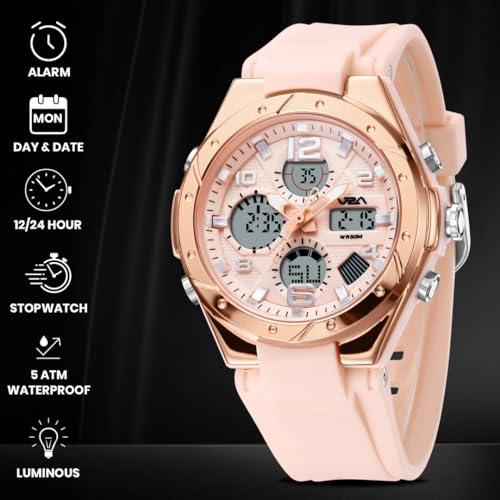 Image of V2A Aura Edge 40mm Analog Digital Watch for Women | Modern Everyday Style | Alarm Stopwatch Backlight Day Date | Comfortable TPU Strap | 50M Water Resistant | Gift for Ladies