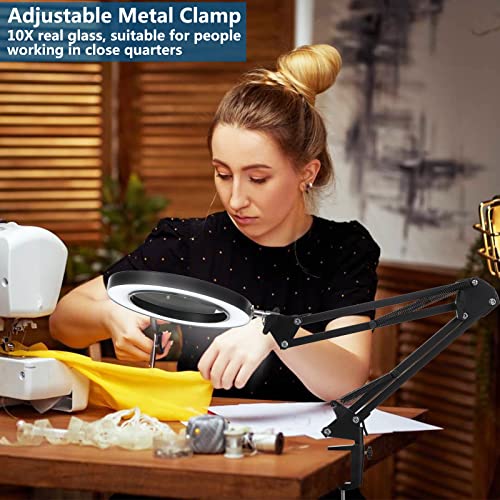 10X Magnifying Glass With Light And Stand, Hitti 2-In-1 Led Lighted Magnifier Large Base & Clamp, 3 Color Modes Stepless Dimmable Magnifying Lamp, Adjustable Swing Arm For Repair Crafts Soldering #TOP6