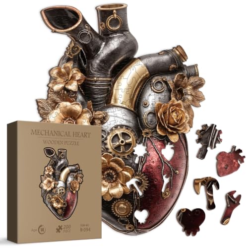 Fantasy Flower Heart Wooden Puzzle for Adults 200 Pieces, Mechanical Heart Wood Puzzle for Adults, Unique Shape Puzzle 200 Pieces