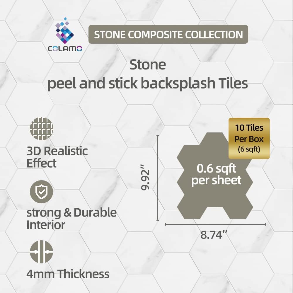 COLAMO Luxury 15Pack Faux Stone Peel and Stick Hexagon Backsplash Tiles,Self Adhesive White Carrara Marble Tiles for Kitchen Back Splash,Stick on Accent Wall for Bathroom,Living Room,RV,Bedroom