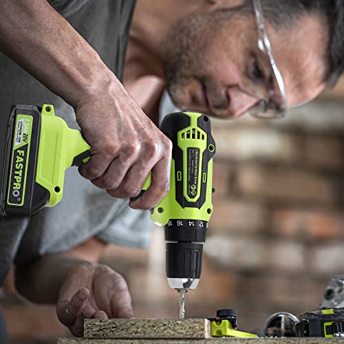 FASTPRO 20V Max Cordless Drill set, 3/8 in. Power Drill Driver kit with One 1.5 Ah Lithium-ion Batteries, Charger and Tool Bag, Green