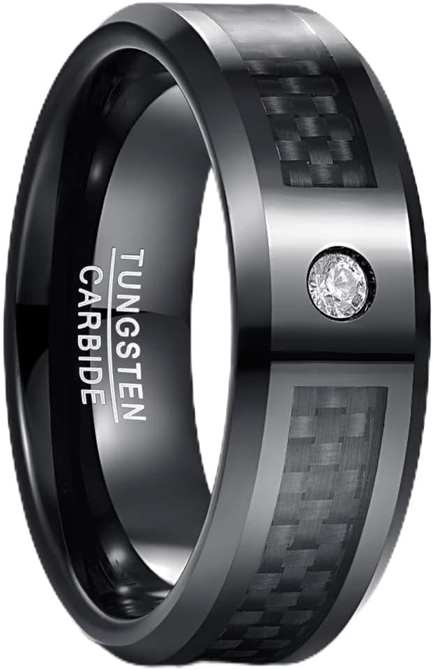 Vakki 8mm Men's Red/Blue/Black Tungsten Carbide Rings with CZ Inlay Carbon Fiber Wedding Band Beveled Edge Comfort Fit Size 6-15